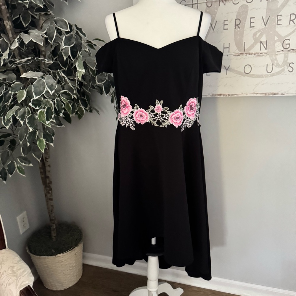 Premier Amour Dress Womens 16 Black‎ Pink Floral Embroidered Off Shoulder Midi